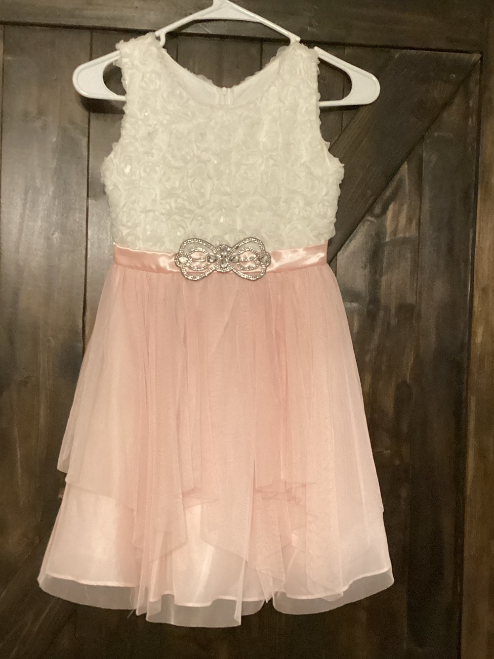Emily Rose Ivory Floral Bodice Pink Tulle Dress with Rhinestone Bow